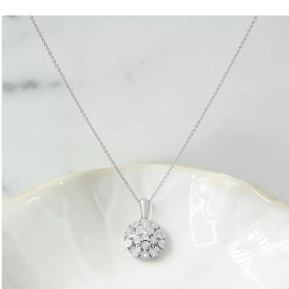 Diamond Flower Burst Cluster 18" Pendant Necklace in Sterling Silver - Picture 3 of 16